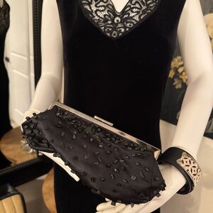 Express - Vintage Black Satin Beaded Clutch with Silver Metal Clasp